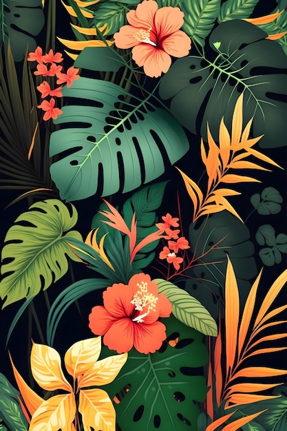 Jungle floral set pattern illustration flat colorful design trendy leaves