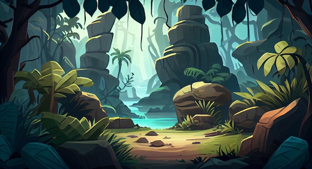 Jungle forest 2D background environment for a mobile game A high quality horizontal background landscape Gaming template design location Generative ai