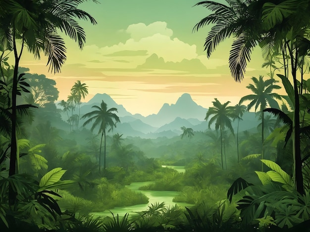 Jungle forest silhouette tropical vector landscape with exotic flora palm trees and hills