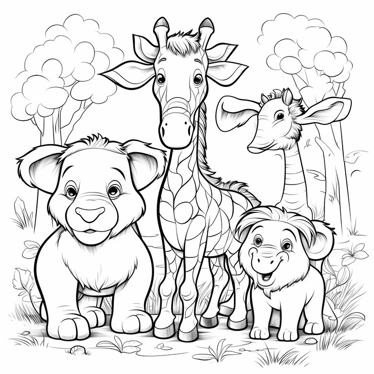 Photo jungle friends cartoon coloring page with giraffe bear horse monkey bird
