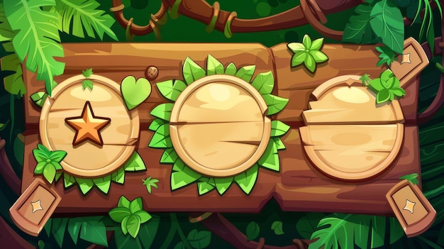 Набор элементов дизайна пользовательского интерфейса игры джунглей включает в себя тропические листья, круглые кнопки и актив уровня с звездами Это мультфильмный современный иллюстрационный комплект для мобильной приключенческой игры