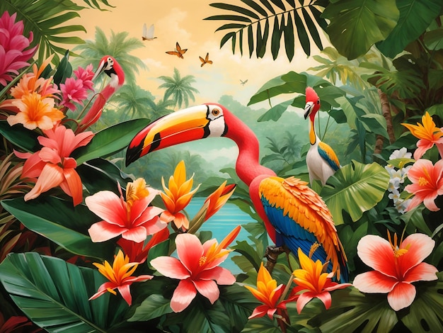 Jungle Harmonie Natuur Extravaganza Tropisch paradijs met exotische flora en fauna als een levendige