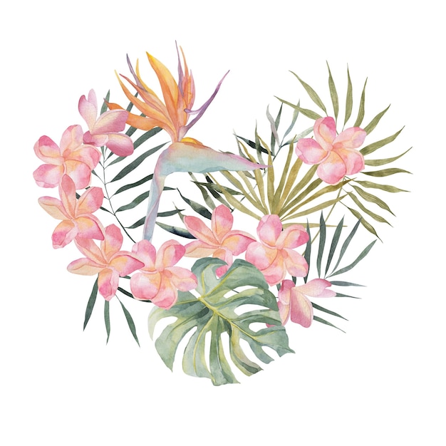 Jungle heart love wreath Strelitzia plumeria monstera palm leaves Watercolor hand drawn Frame