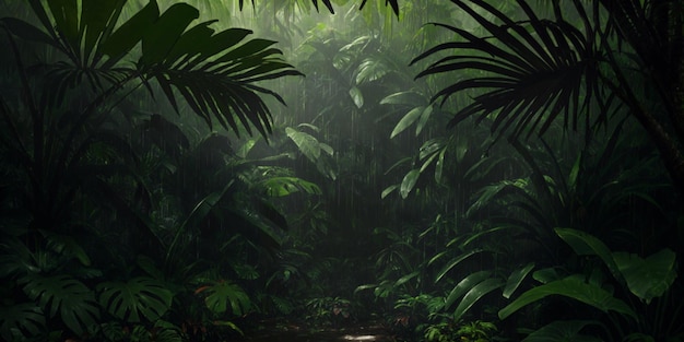 Jungle during heavy rain Dark tropical forest with exotic plants palm trees big leaves and ferns Scary thicket of the rainforest Streams of water wet green vegetation and ground Generative AI