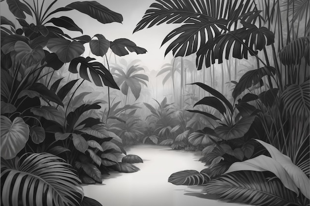 Jungle illustratie in grijstinten Prachtig geschilderd tropisch bos met exotische planten palmbomen grote bladeren en varens Struikgewas van het regenwoud Natuurtekening Generatieve AI