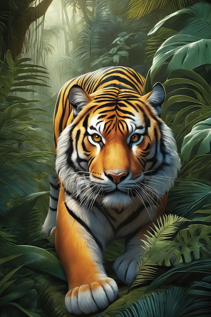 Иллюстрация джунглей с изображением величественных тигров