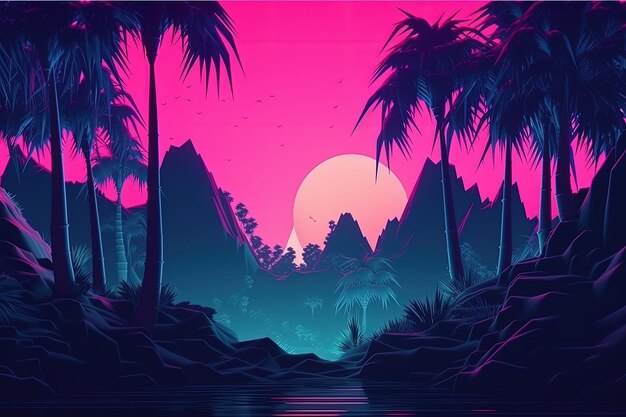 Jungle illustration game scene retro style 80s vaporwave neon light generative ai