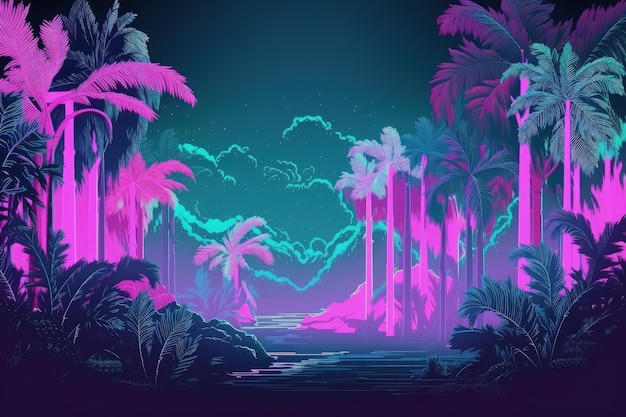 Jungle illustration game scene retro style 80s vaporwave neon light generative ai