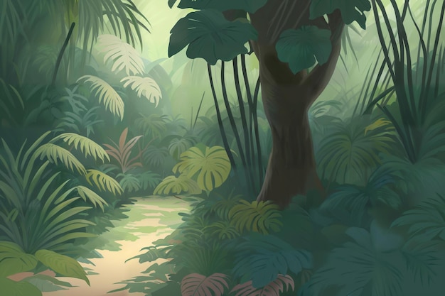 Jungle illustration in pastel colors Painted beautiful tropical forest with exotic plants palm trees big leaves and ferns Thicket of the rainforest Simple nature drawing Generative AI