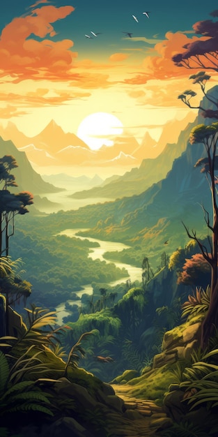 山を背景にしたジャングルのイラスト 規模の壮大さと冒険のパルプ