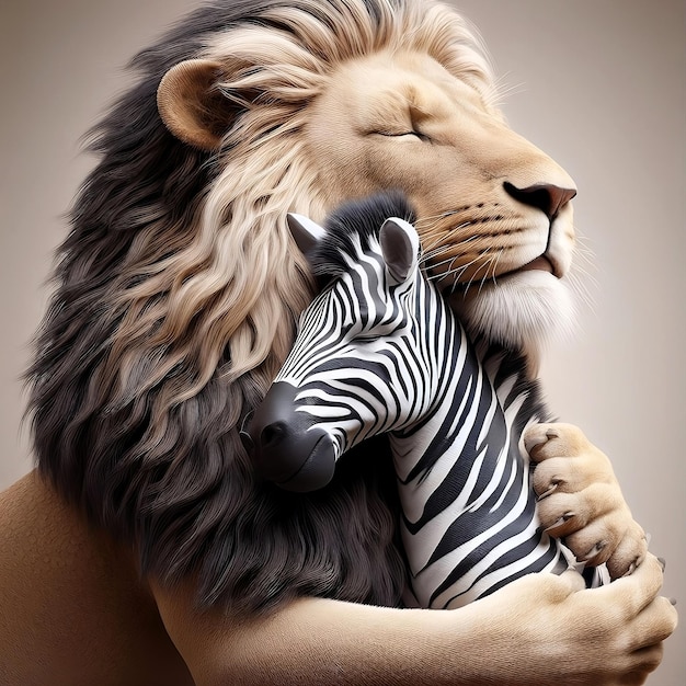 Jungle king lion hugging a zebra for national hug day in national geography