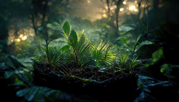 Jungle landscape at night Dark tropical forest with exotic plants palm leaves and green grass in a clearing