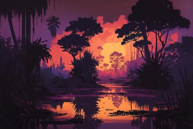 A jungle landscape set during twilight