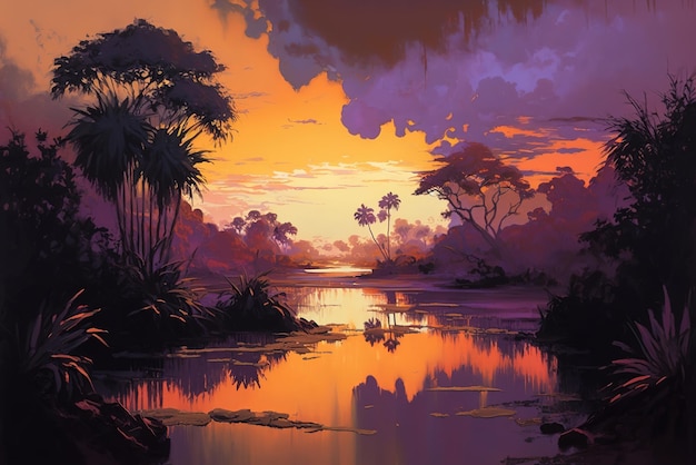 A jungle landscape set during twilight