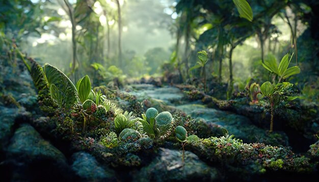 Jungle landschap groene planten klimplanten rotsen en bomen