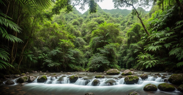 Jungle landschap rivier berg Generatieve AI