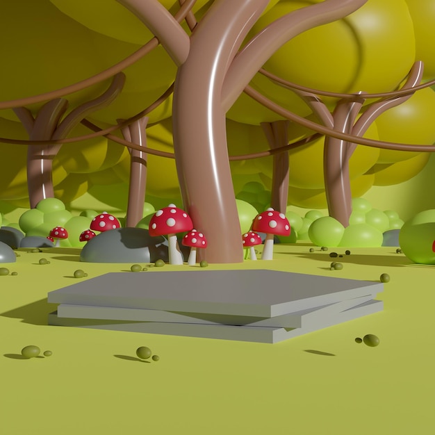 Jungle Mashroom With Stone Podium 3d Illustration