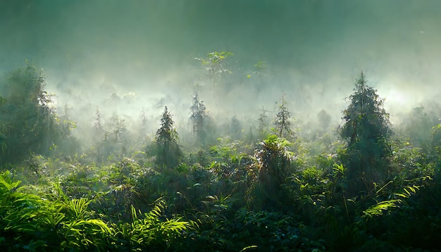 Jungle nature forest trees foggy fantasy landscape