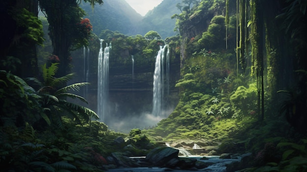 Jungle Oasis Discovering the Hidden Waterfall with a Boat Ride GenerativeAI