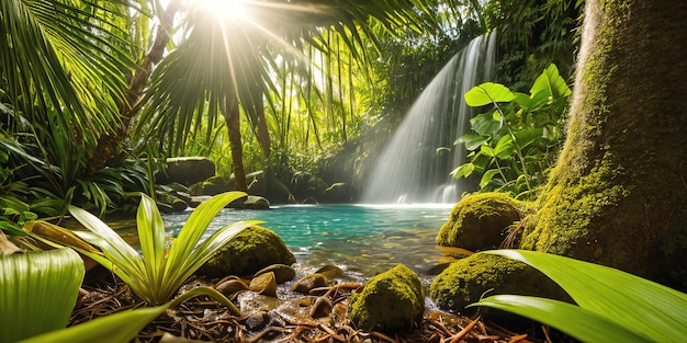 Фото Джунгли в солнечный день красивая иллюстрация тропического леса с экзотическими растениями, пальмами, большими листьями и проточной водой яркие солнечные лучи фон с первозданным природным ландшафтом генеративный ai