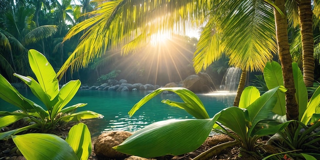 写真 晴れた日のジャングルエキゾチックな植物ヤシの大きな葉と流れる水の美しい熱帯雨林のイラスト原始的な自然の風景の背景に明るい太陽光線生成 ai