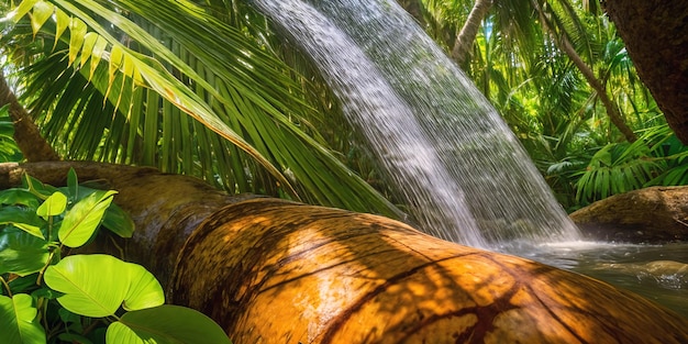 Jungle op een zonnige dag Mooie tropische regenwoud illustratie met exotische planten palmen grote bladeren en stromend water Felle zonnestralen Achtergrond met ongerept natuurlandschap Generatieve AI