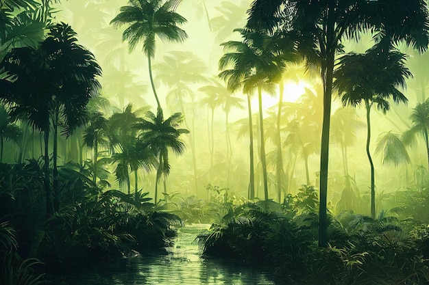 Jungle palm tree rainforest under sunset