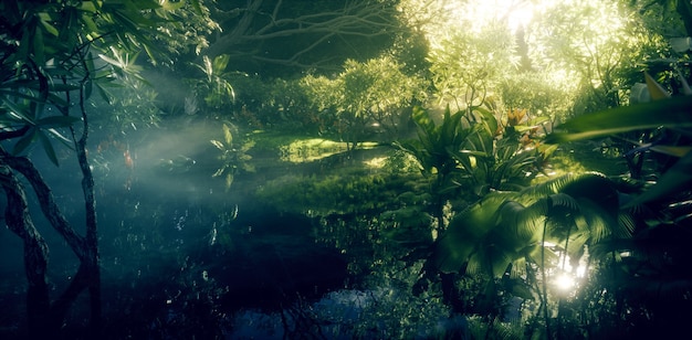 사진 정글 낙원 개념입니다. 연못과 아름다운 햇빛이 있는 깊고 울창한 열대 우림 식물. 3d 렌더링.