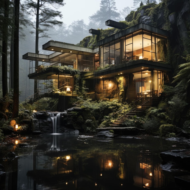 Джунгли Рай Современный тропический дом с красивым тропическим фоном Генеративный ИИ