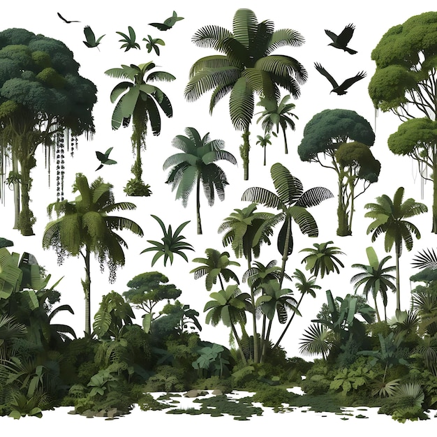 Jungle rain forest trees shapes cutout 3d render png set isolated