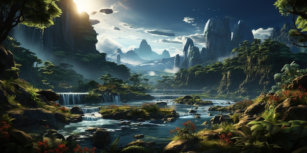 Foto giungla fiume fantastico paesaggio della giungla con alberi e uccelli grande montagna sullo sfondo