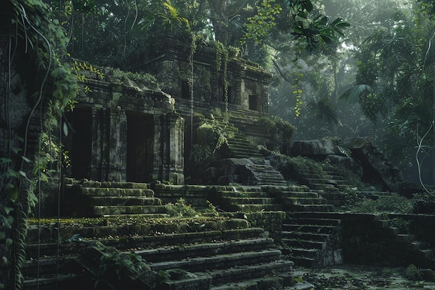 Jungle ruins with remnants of an ancient civilizat