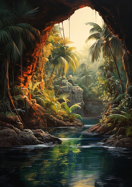 jungle scène rivier palmbomen op zoek mysterieuze grot schaduw avonturier gestileerd paradijs