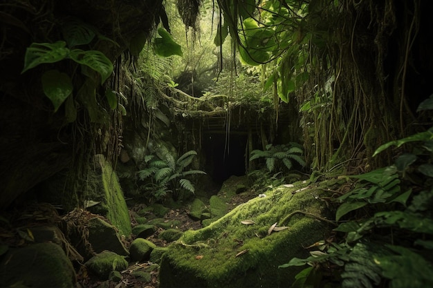 A jungle scene with a dark cave and a cave with moss and roots.