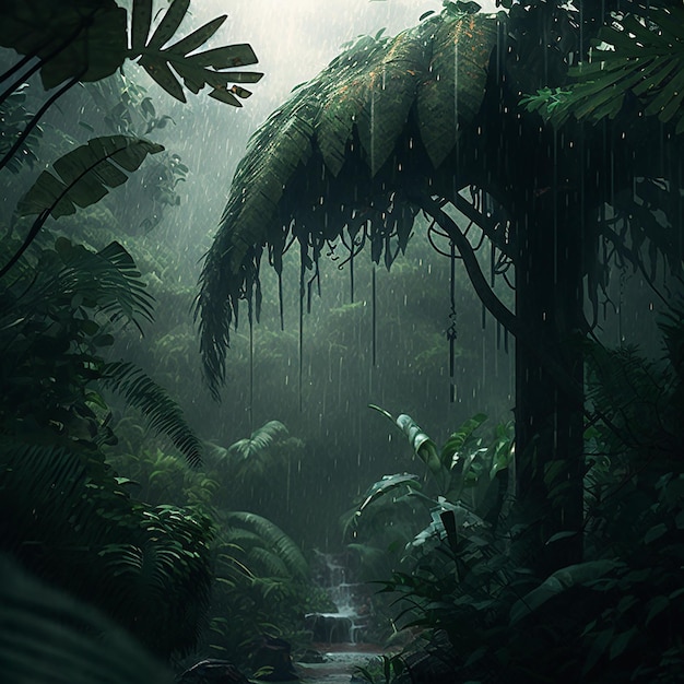 ジャングルの小道のあるジャングルのシーンと、ジャングルのシーンのあるジャングル。