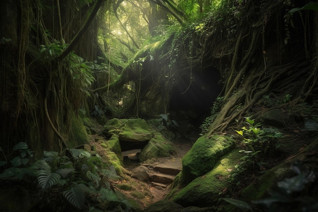 A jungle scene with a jungle scene and stairs leading to the top.