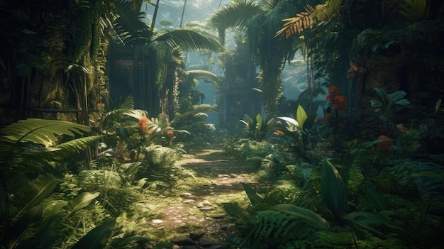 A jungle scene with a jungle scene