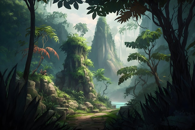 Jungle scene with a mountain in the background