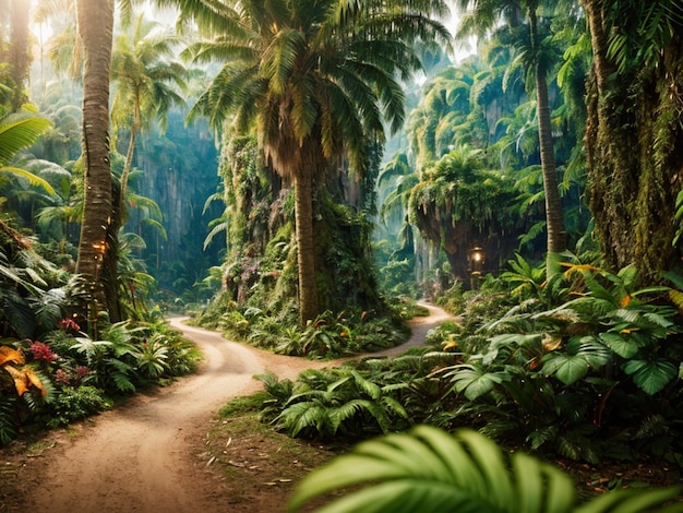 A jungle scene with a path and trees.