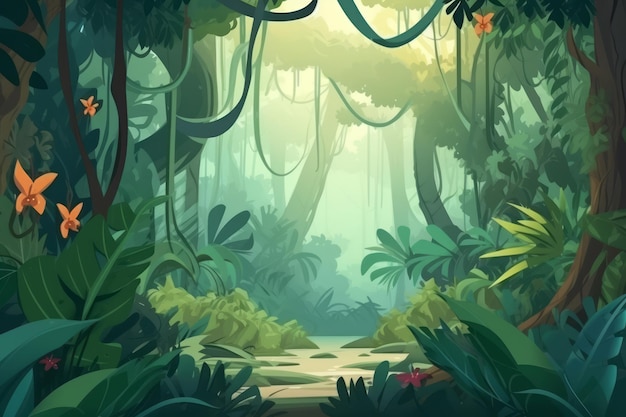 길과 나무가 있는 정글 장면.