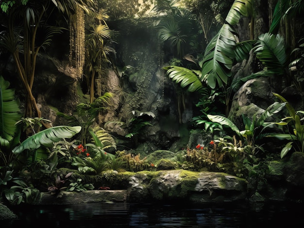 A jungle scene with plants and a waterfall
