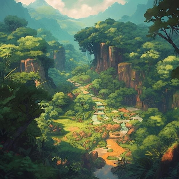 A jungle scene with a river in the middle of it.