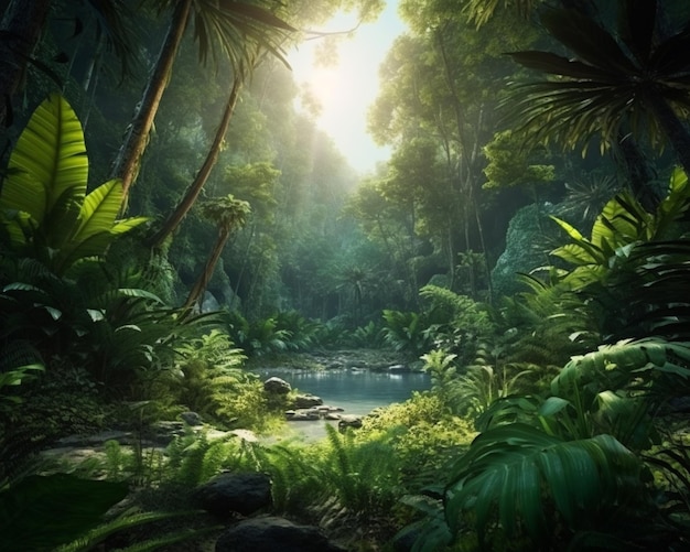 A jungle scene with a river in the middle of it