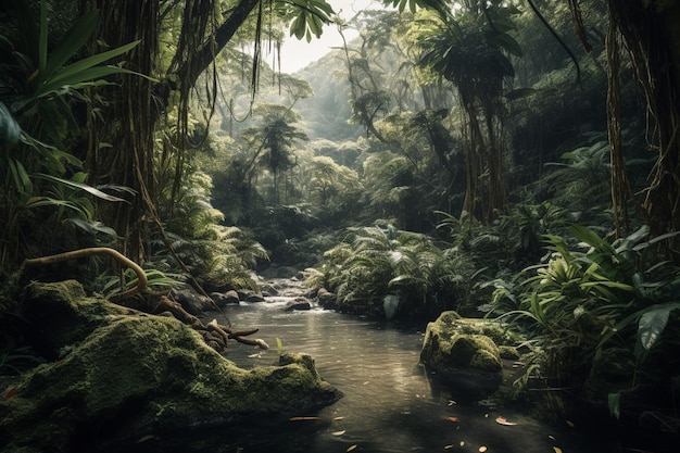 A jungle scene with a river in the middle of it.