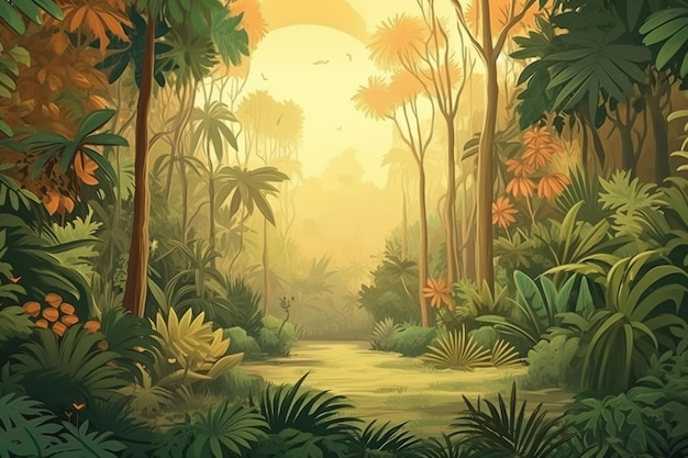 A jungle scene with a river in the middle and a sun in the background generative ai