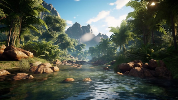 A jungle scene with a river and mountains in the background