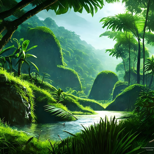 A jungle scene with a river and plants