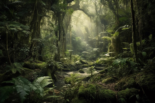 Сцена джунглей с протекающей через них рекой.