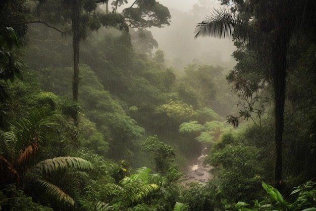 A jungle scene with a river running through it