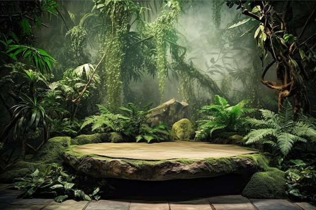 A jungle scene with a round table in the middle and a jungle scene.